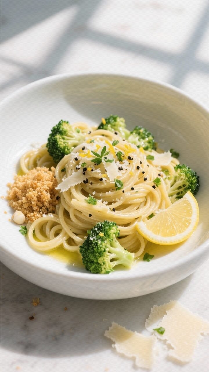 Final dish, tasty top view: Overhead shot of Lemon Garlic Pasta with Broccoli twirled into soft nest