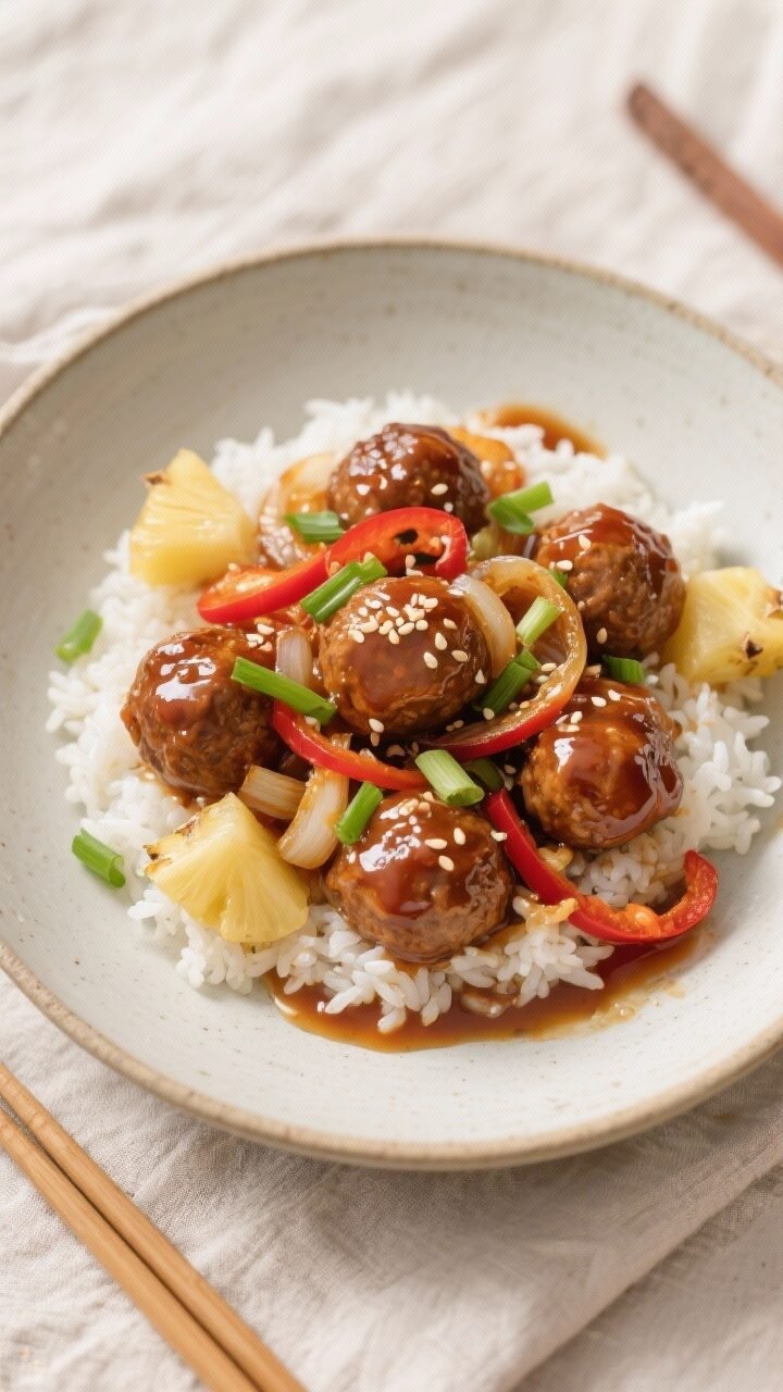 Final dish, tasty top view: Overhead shot of Meatball Sweet and Sour Sauce Skillet served over fluff