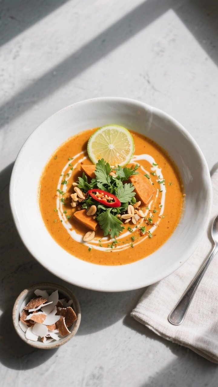Final dish, tasty top view: Overhead shot of Spicy Thai Sweet Potato Soup in a wide, white ceramic b