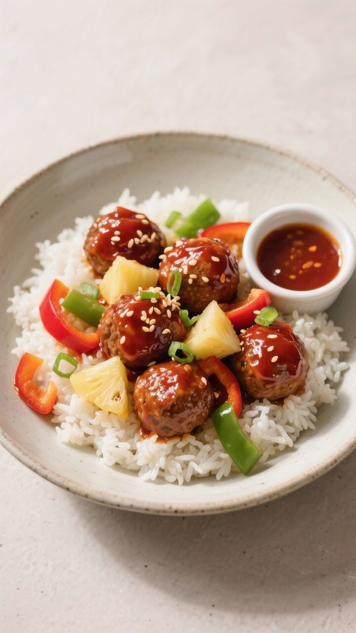 Final dish, tasty top view: Overhead shot of sweet-and-sour meatballs served over a bed of fluffy wh