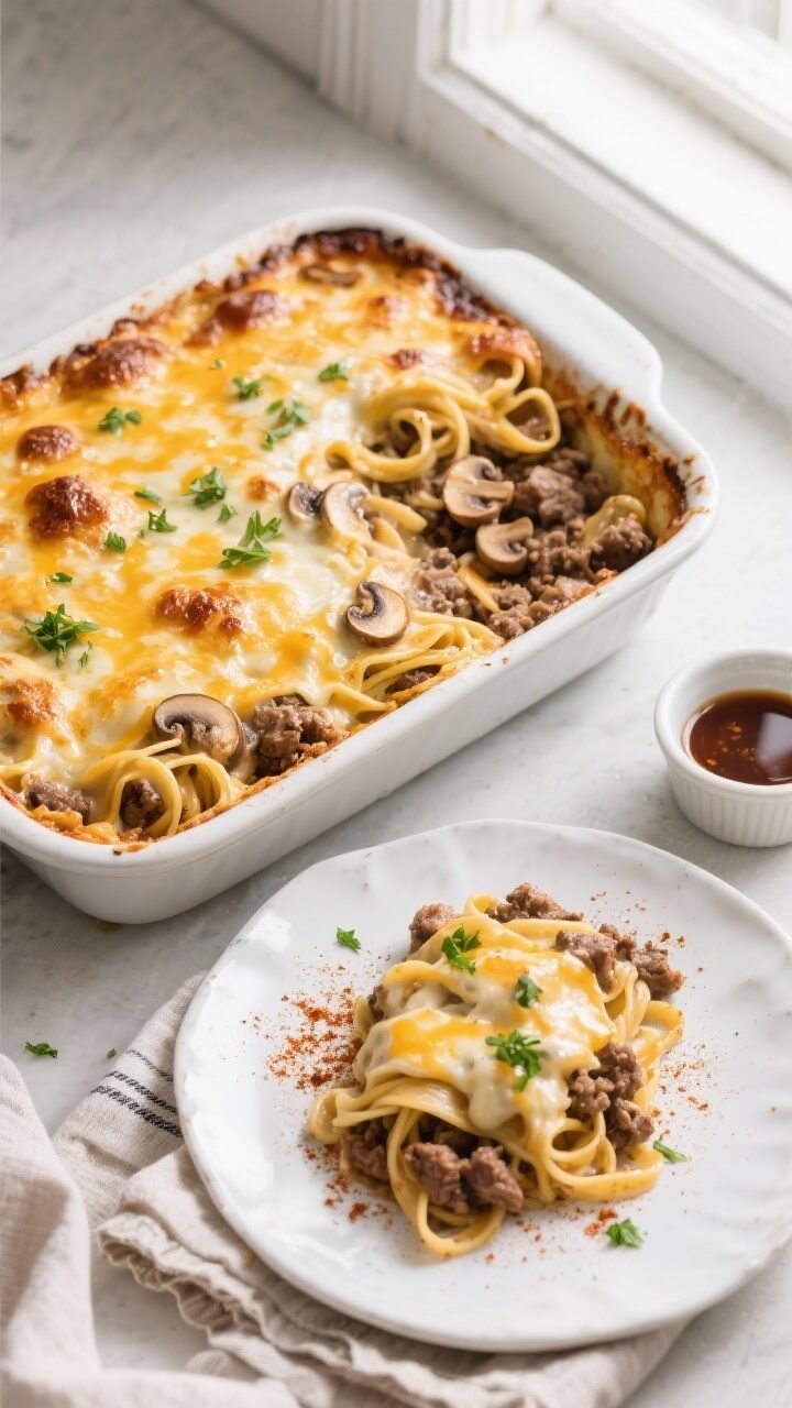 Final dish, tasty top view: Overhead shot of the baked Ground Beef and Mushroom Noodle Bake in a 9x1