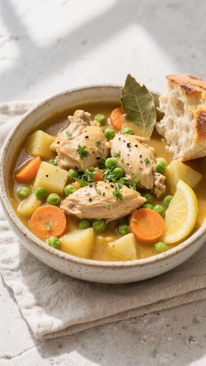 Final dish top-down: Overhead shot of a thick, rustic bowl of Classic Hearty Chicken Stew—tender c