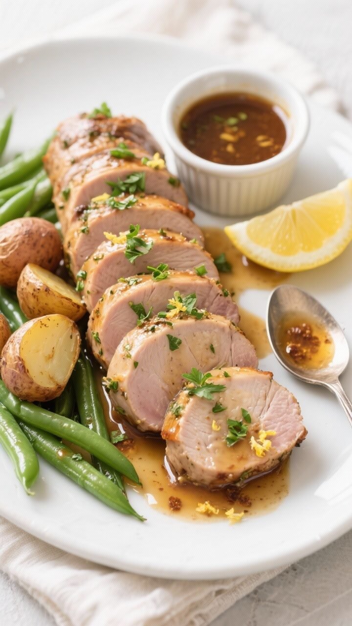 Final dish, top-down presentation: Overhead shot of sliced garlic herb pork tenderloin arranged in n