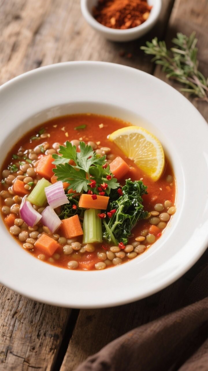Final dish, top view: Overhead shot of a beautifully plated bowl of Daniel Fast Lentil Soup in a wid