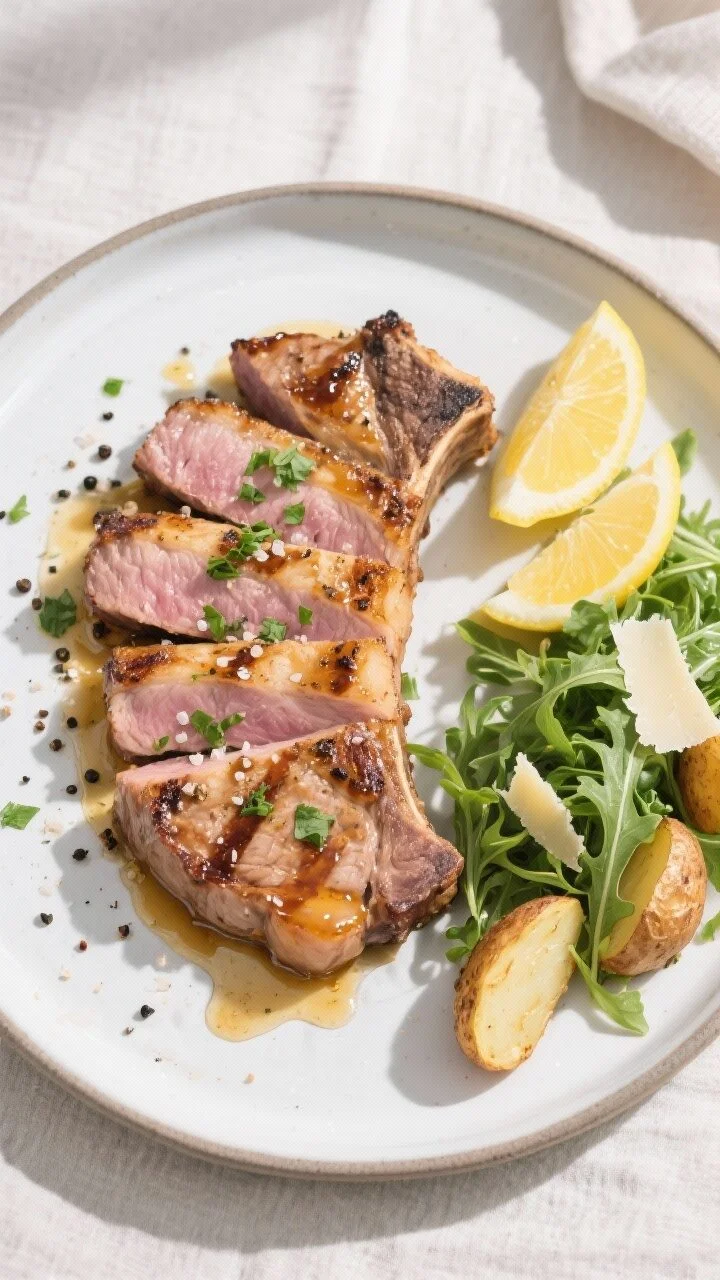 Final dish, top view: Overhead shot of beautifully plated Zesty Italian Grilled Pork Chops on a matt