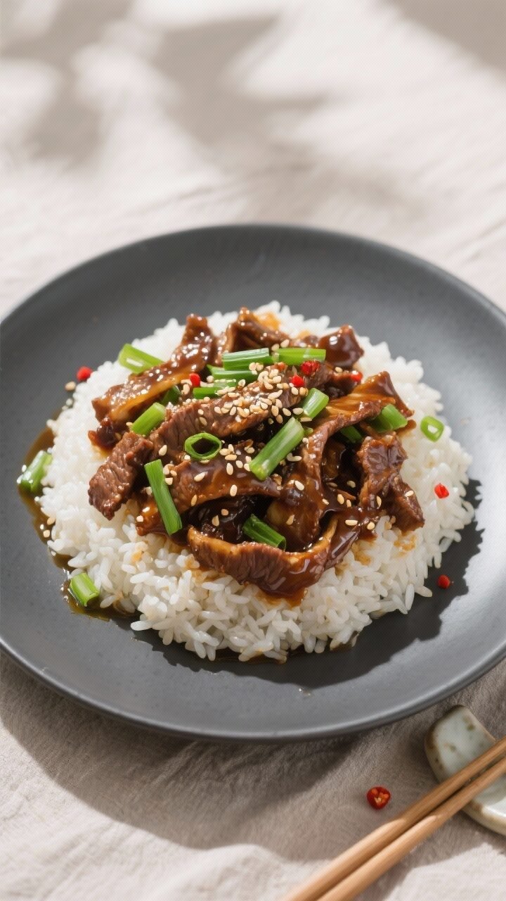 Final dish, top view: Overhead shot of Classic Mongolian Beef served on a matte charcoal plate over 