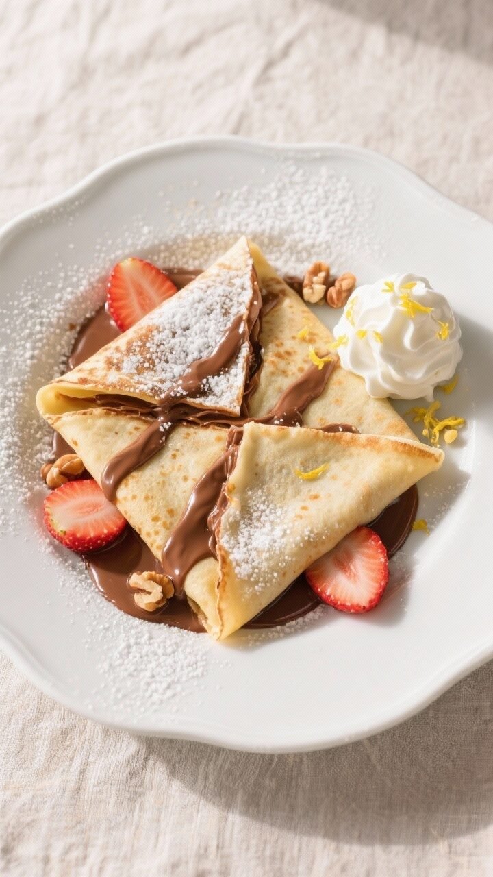 Final dish, top view: Overhead shot of folded Nutella and strawberry crepes arranged in quarters on 