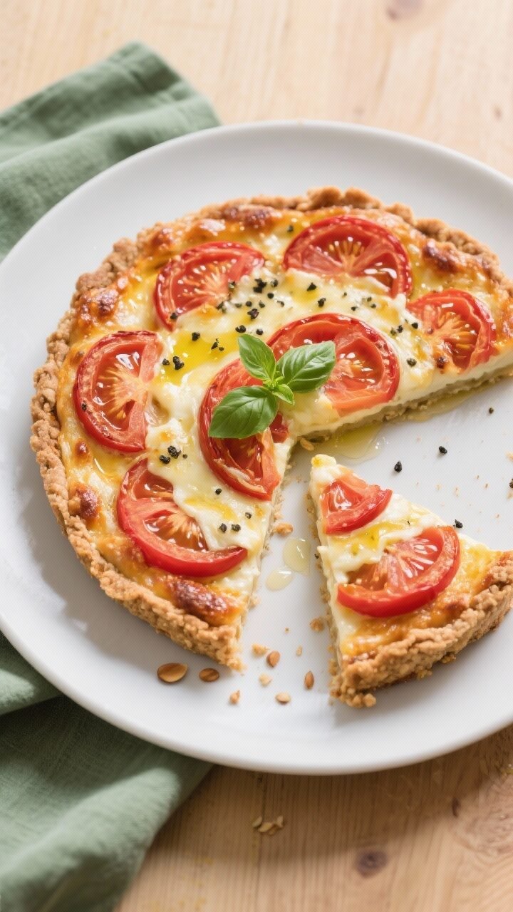 Final dish, top view: Overhead shot of the fully baked low-carb tomato pie with almond crust, top bu