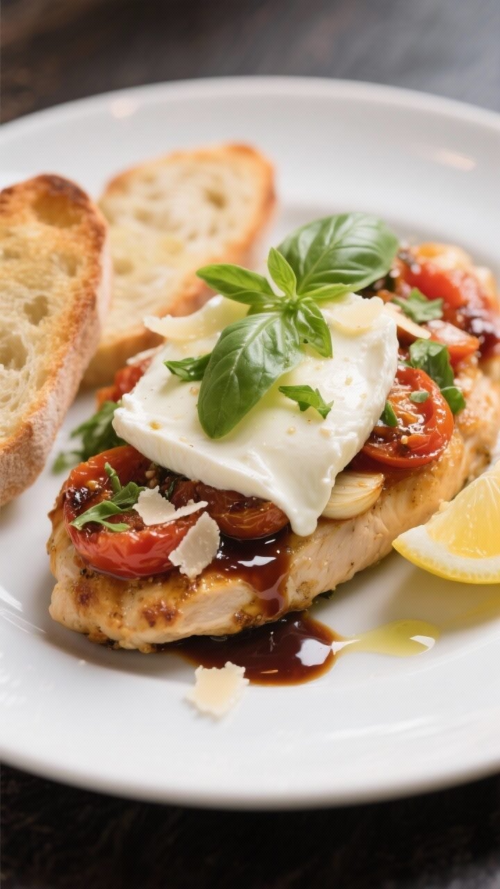 Final plated dish — Caprese-style finish: Close-up, restaurant-quality plate of bruschetta chicken