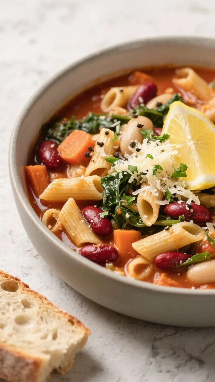 Final plated dish, close-up detail: A deep bowl of finished crockpot minestrone served hot, pasta pe
