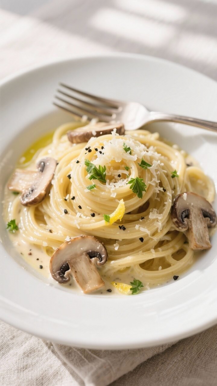 Final plated dish, top view: Overhead shot of Creamy Mushroom Carbonara twirled into neat nests of g