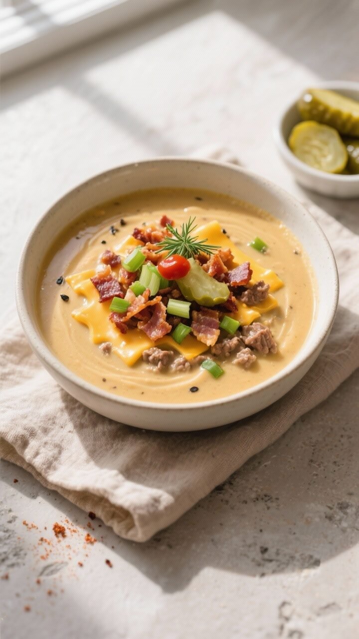 Final plated overhead: A cozy bowl of Low-Carb Cheeseburger Soup presented top-down on a neutral sto