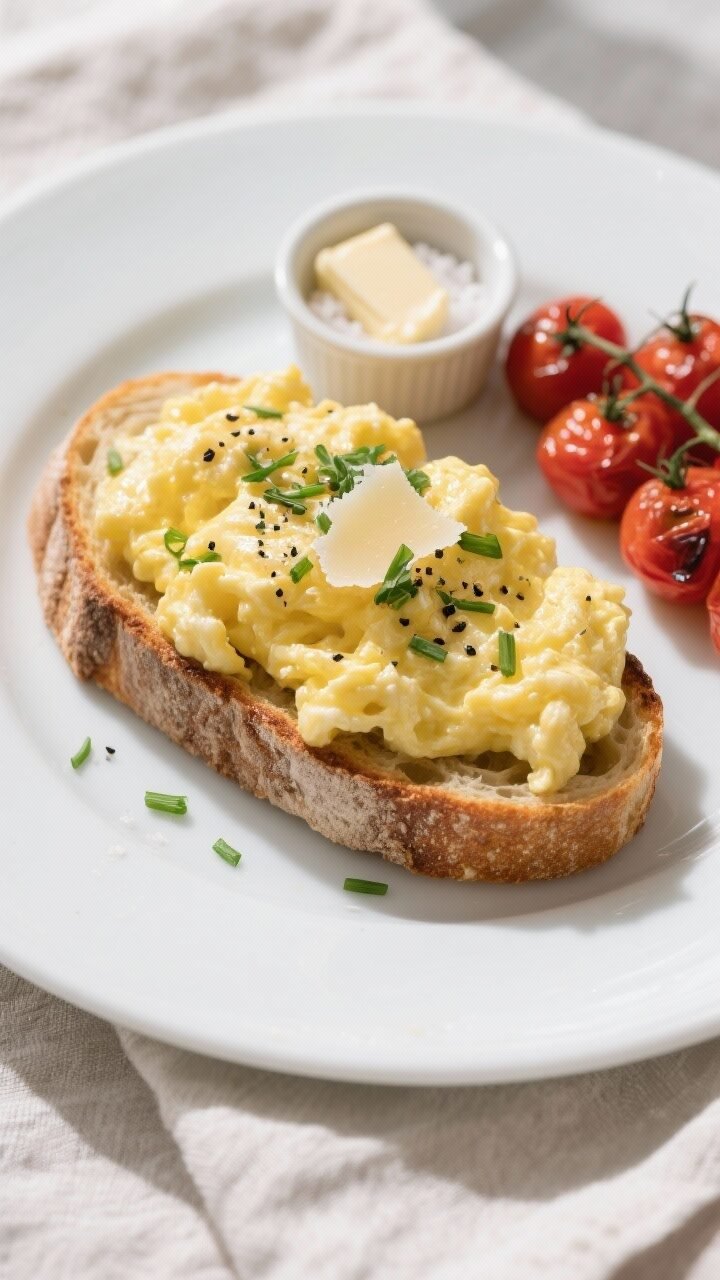 Final plated overhead: Classic scrambled eggs with herbs mounded softly on warm toasted sourdough, s