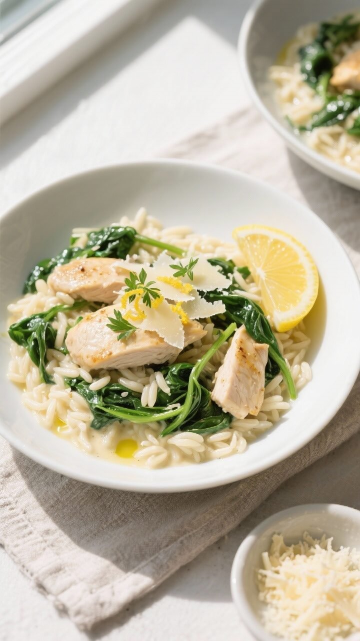 Final plated overhead: Creamy lemon chicken orzo with spinach served in a wide, shallow white bowl, 