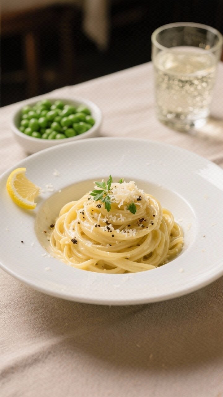 Final plated overhead: Restaurant-quality bowl of Creamy Alfredo Italian Pasta, beautifully twirled 