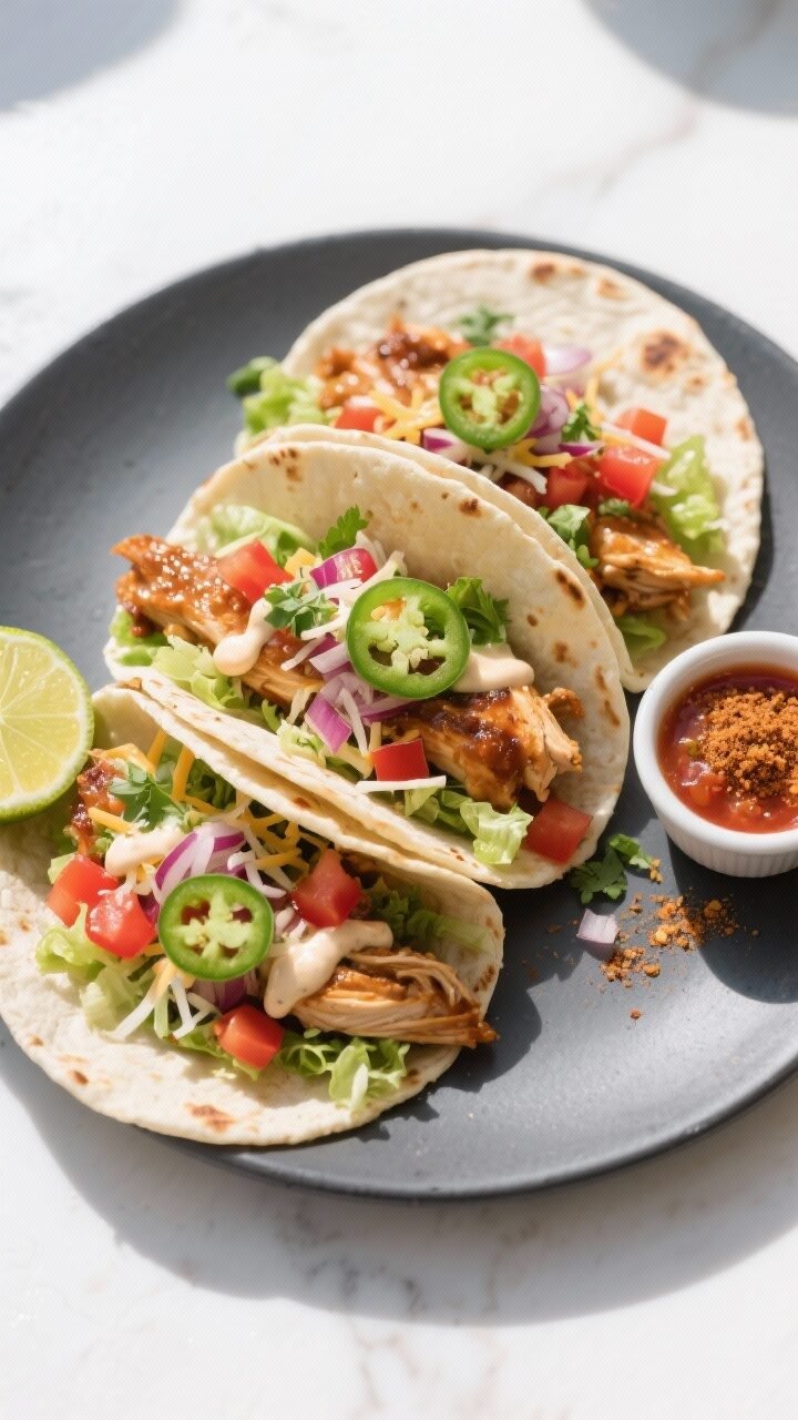 Final plated tacos, three street-style soft tortillas lined in a staggered row on a matte charcoal p