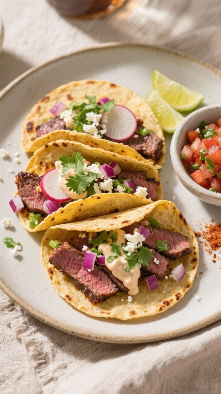 Final plated, tasty top view: Overhead shot of assembled Spicy Chipotle Steak Tacos—thin slices of