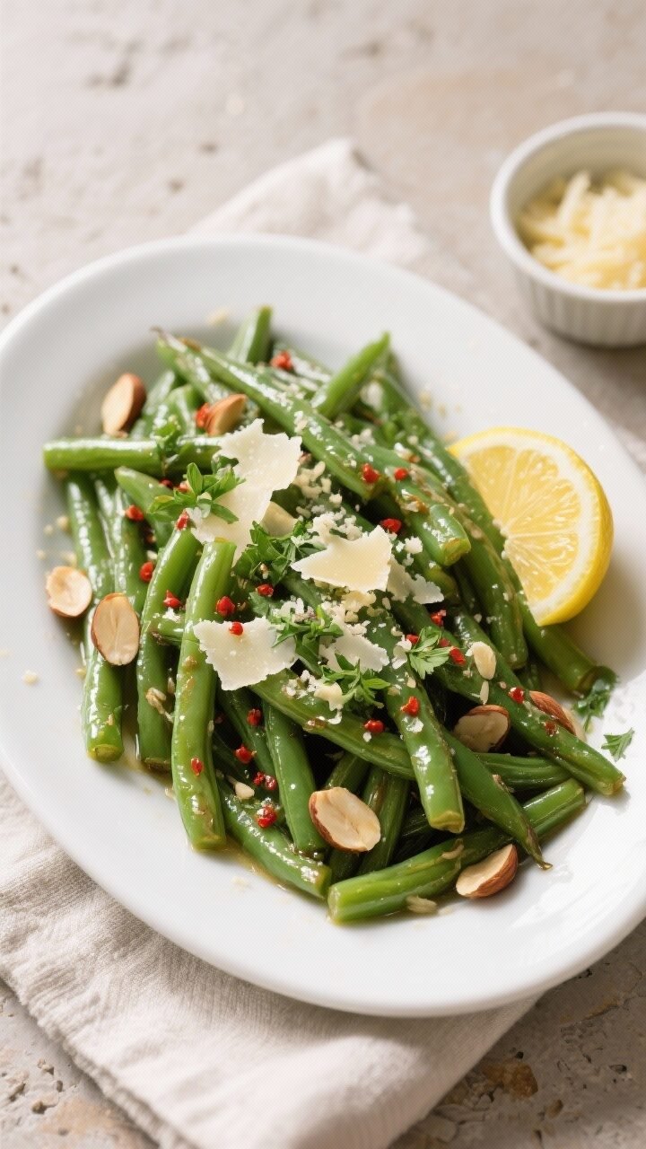 Final plated, tasty top view: Overhead shot of garlic butter sautéed green beans piled on a matte w