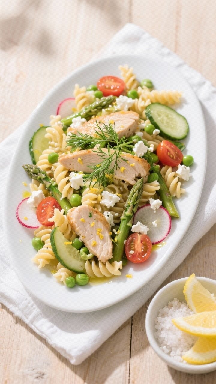 Final plated, tasty top view: Overhead shot of Spring Pasta Salad with Chicken fully assembled on a 