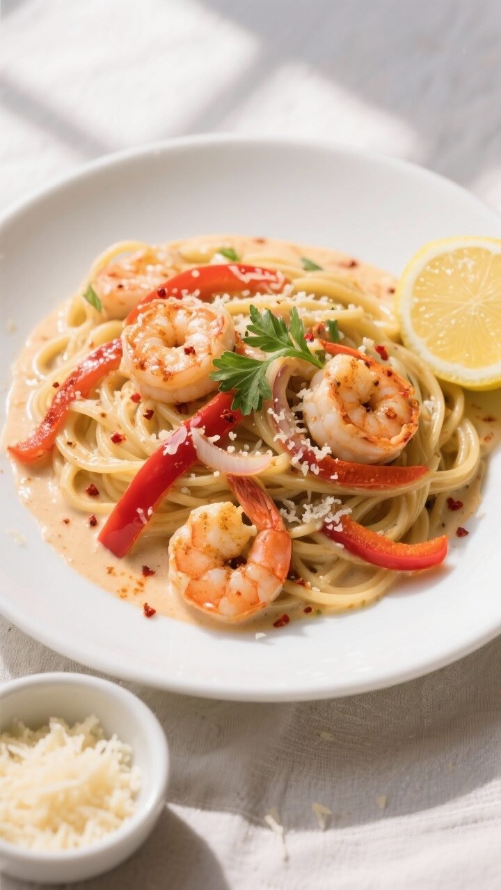 Final plated top-down: Creamy Cajun Shrimp Pasta (linguine) twirled into loose nests on a wide white