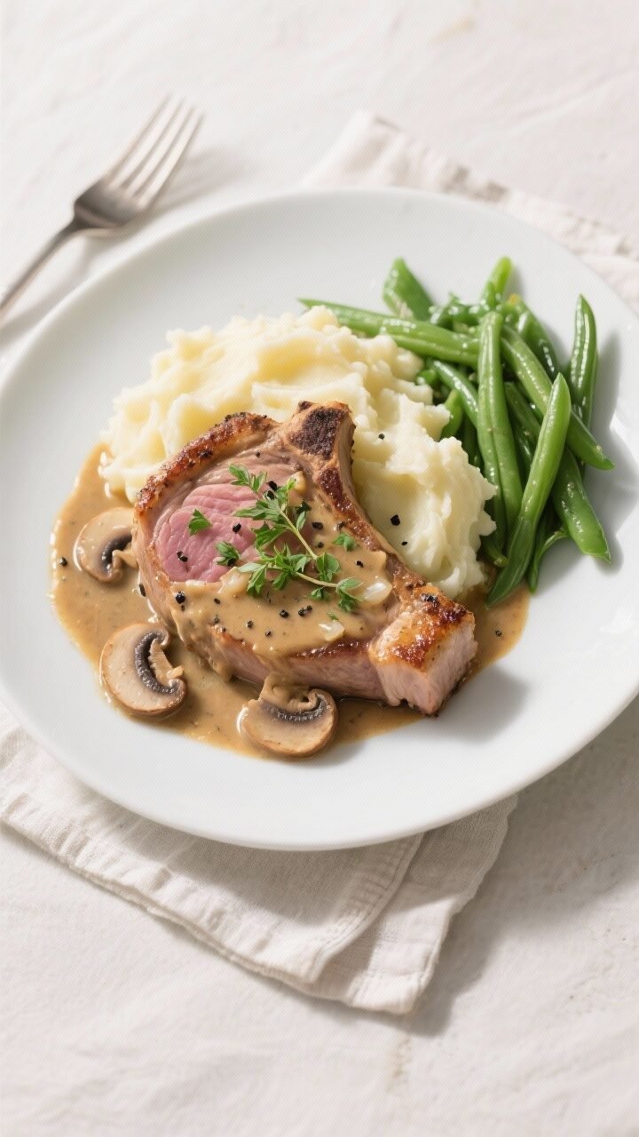 Final plated top-down: Overhead shot of pork chops with mushroom gravy served on a wide white plate,