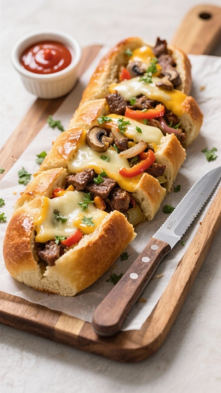Final presentation overhead: Cheesesteak Stuffed Bread sliced into thick pieces on a parchment-lined