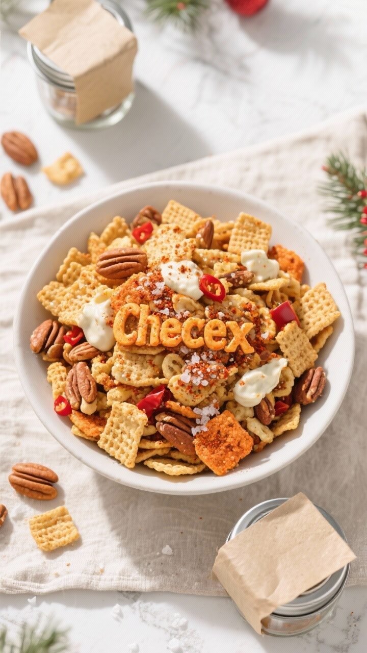Final presentation, tasty top view: Overhead shot of the finished Spicy Ranch Chex Mix piled high in