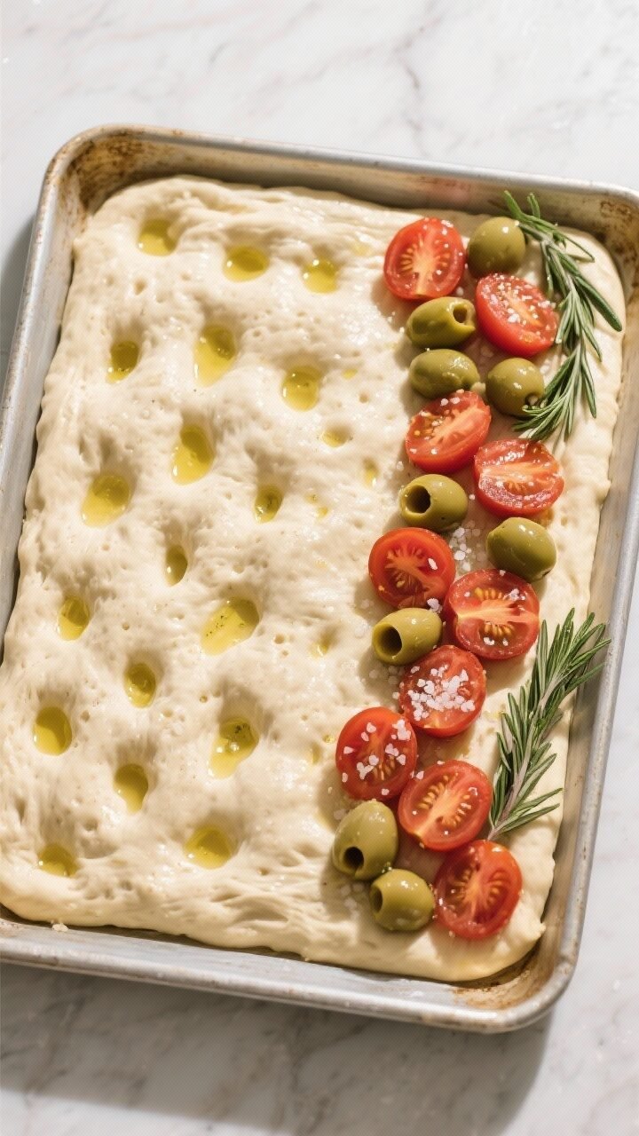 Overhead cooking-process shot of the second rise and dimpling stage in a generously oiled 9x13 rimme