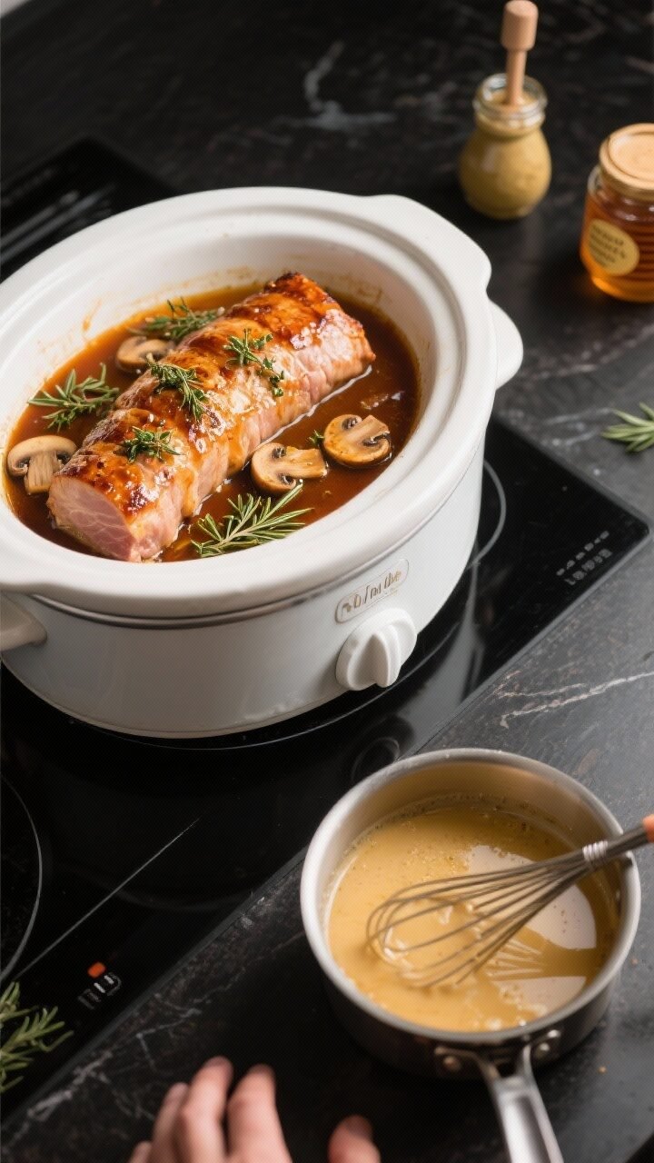 Overhead cooking-process shot: Tender, fully cooked pork tenderloins nestled in a slow cooker crock 