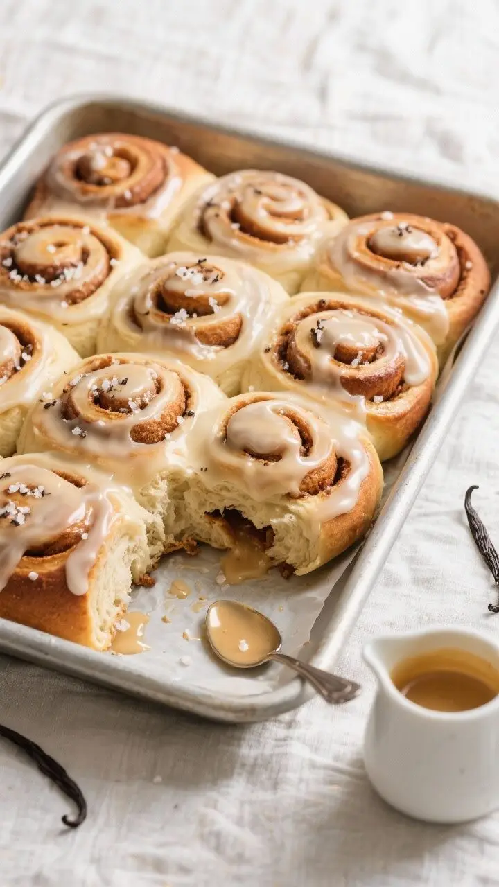 Overhead final presentation: A 9x13 pan of cinnamon buns generously coated in set vanilla glaze, smo