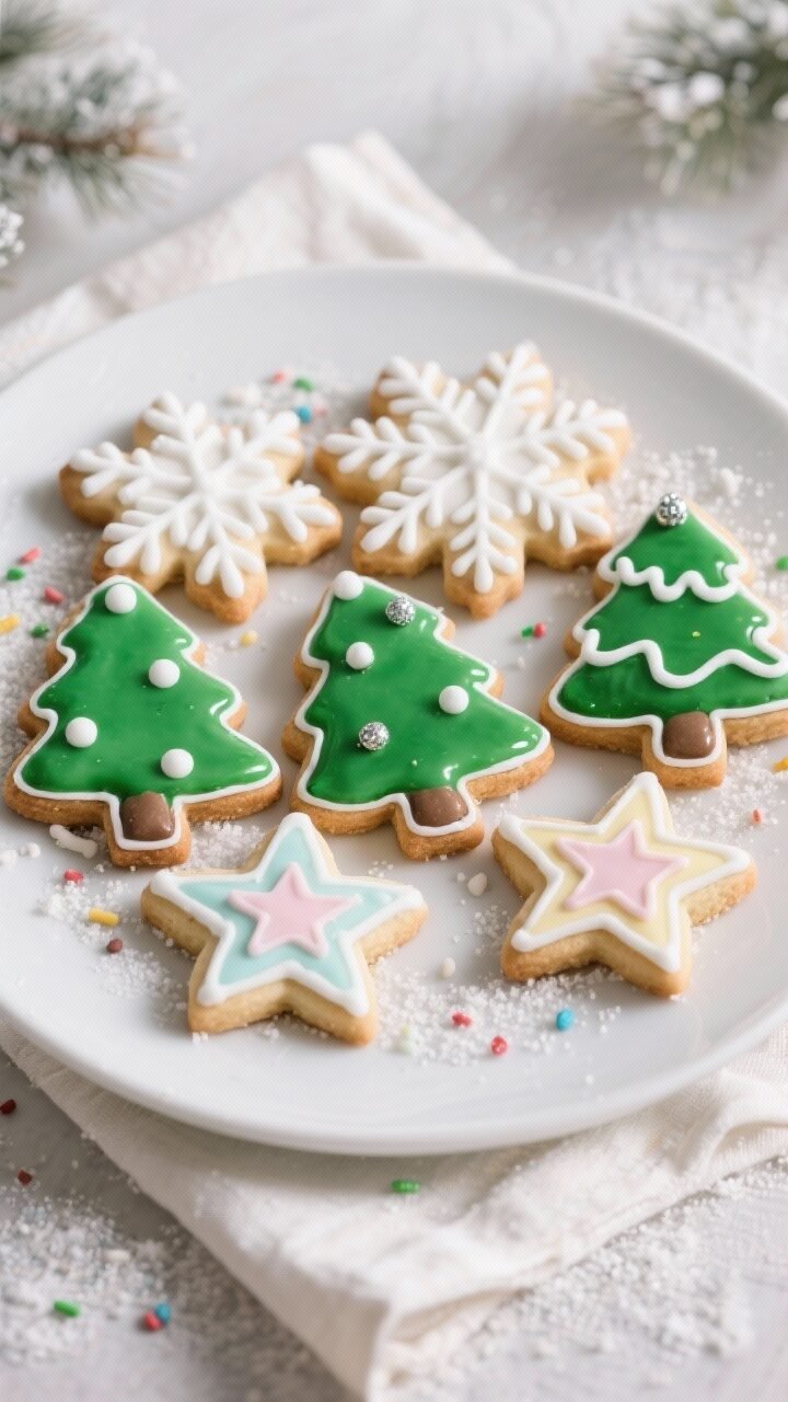 Overhead final presentation: a festive plate of fully decorated sugar cookies arranged in a neat top