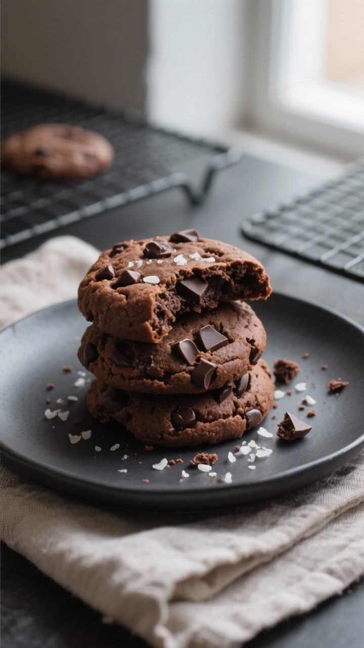 Overhead final presentation: a moody, top-down shot of a small stack of chewy double chocolate chip 