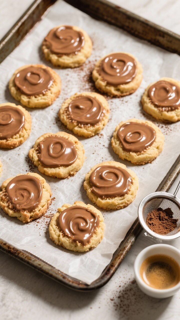 Overhead final presentation: A tidy grid of glazed sourdough tiramisu cookies on a parchment-lined s