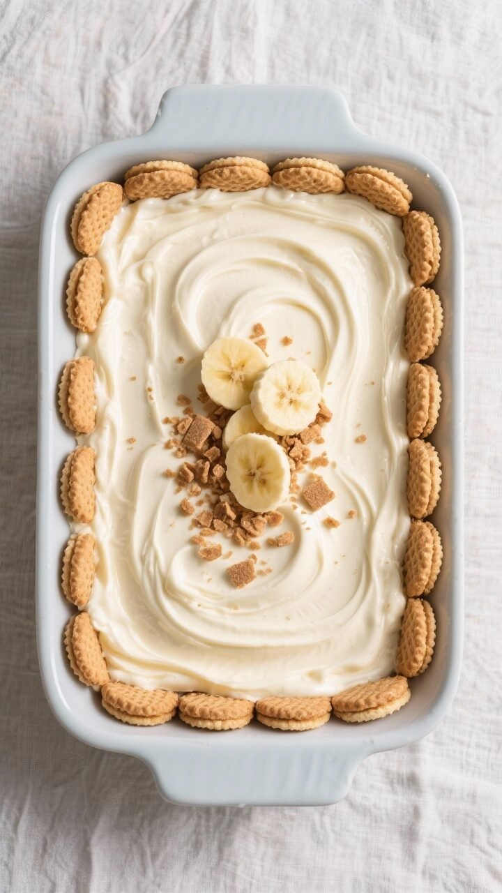 Overhead final presentation: of a 9x13 dish of fully set banana pudding, surface smoothly swirled an