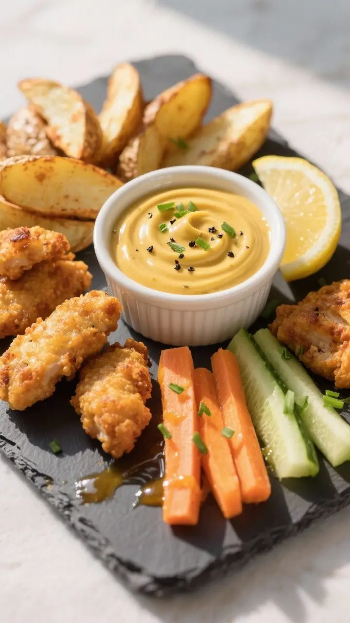 Overhead final presentation: of a snack board featuring a central ramekin of honey mustard sauce, it