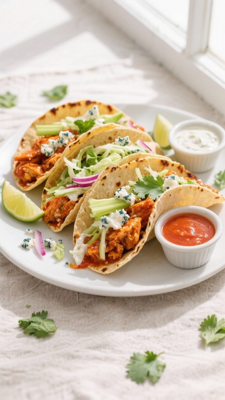 Overhead final presentation: Spicy Buffalo Chicken Tacos with Ranch Slaw arranged on a matte white p