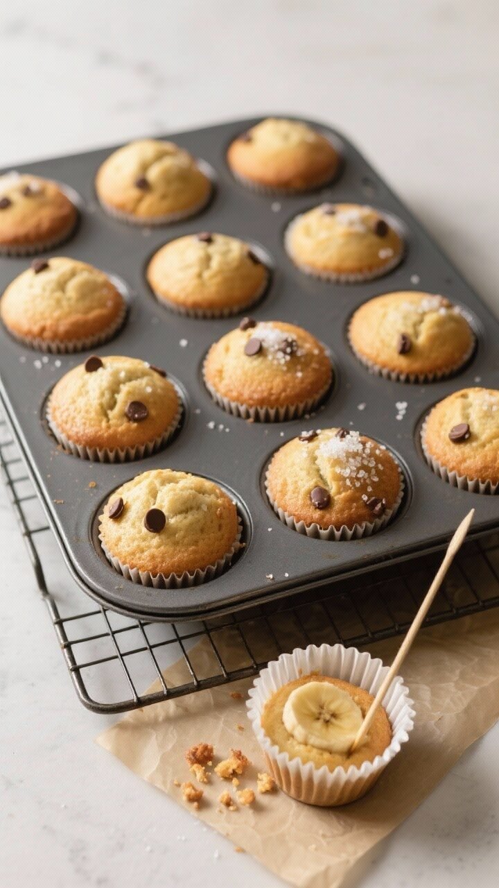 Overhead process shot: A 12-cup muffin pan fresh from the oven on a wire rack, evenly domed banana m