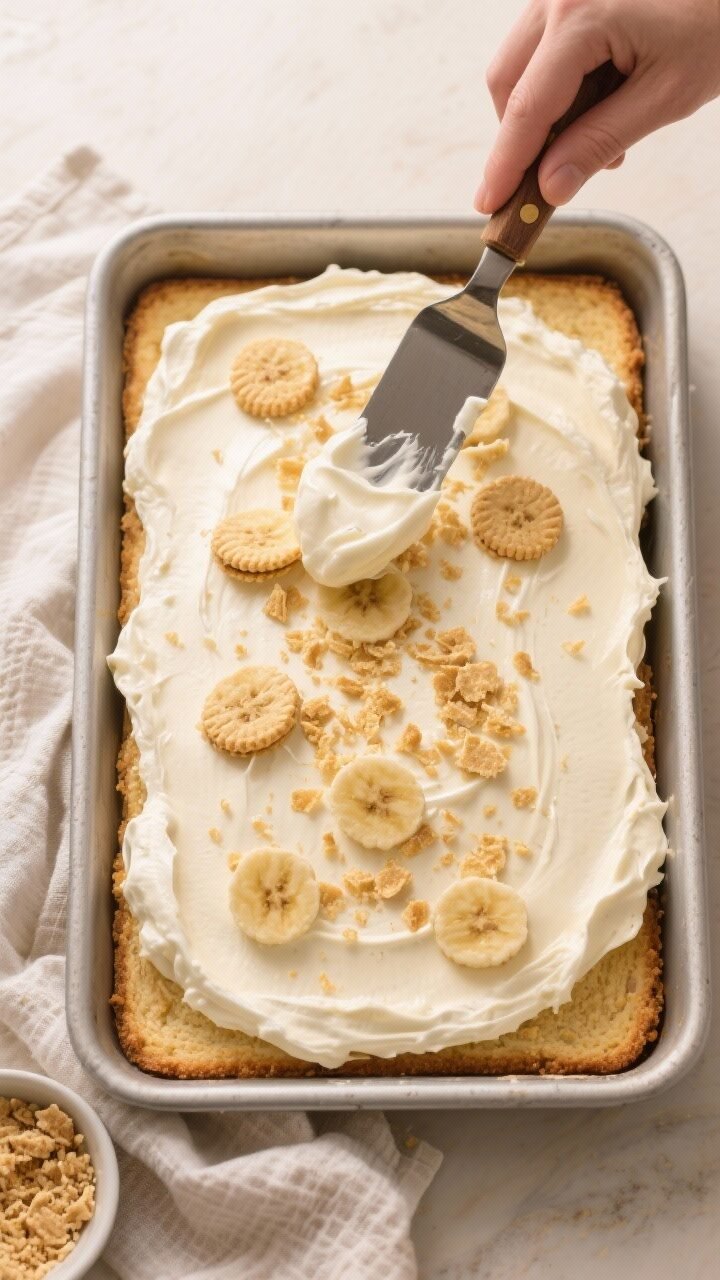 Overhead process shot of a sheet-style banana pudding cake being assembled: cooled banana cake in a 
