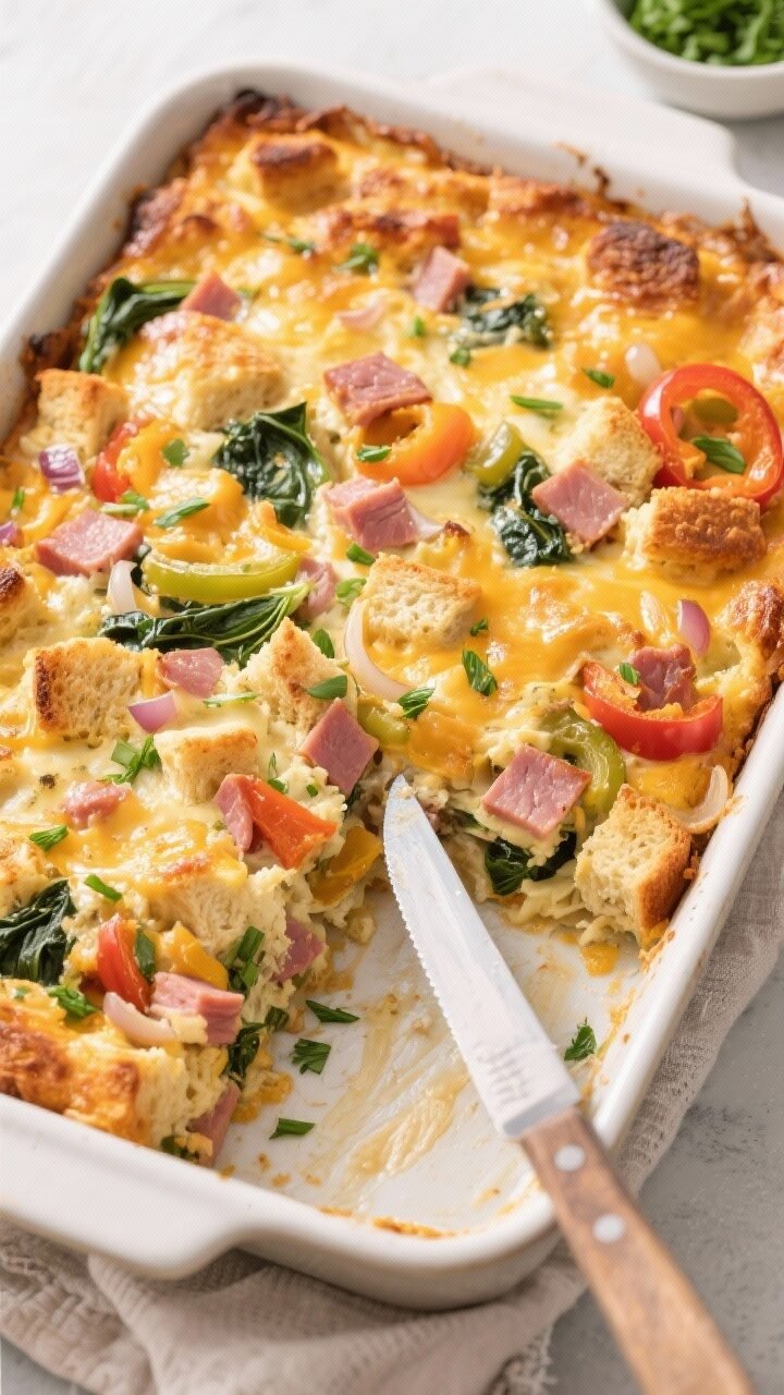 Overhead shot of a freshly baked Leftover Ham Breakfast Casserole just out of the oven in a 9x13 dis