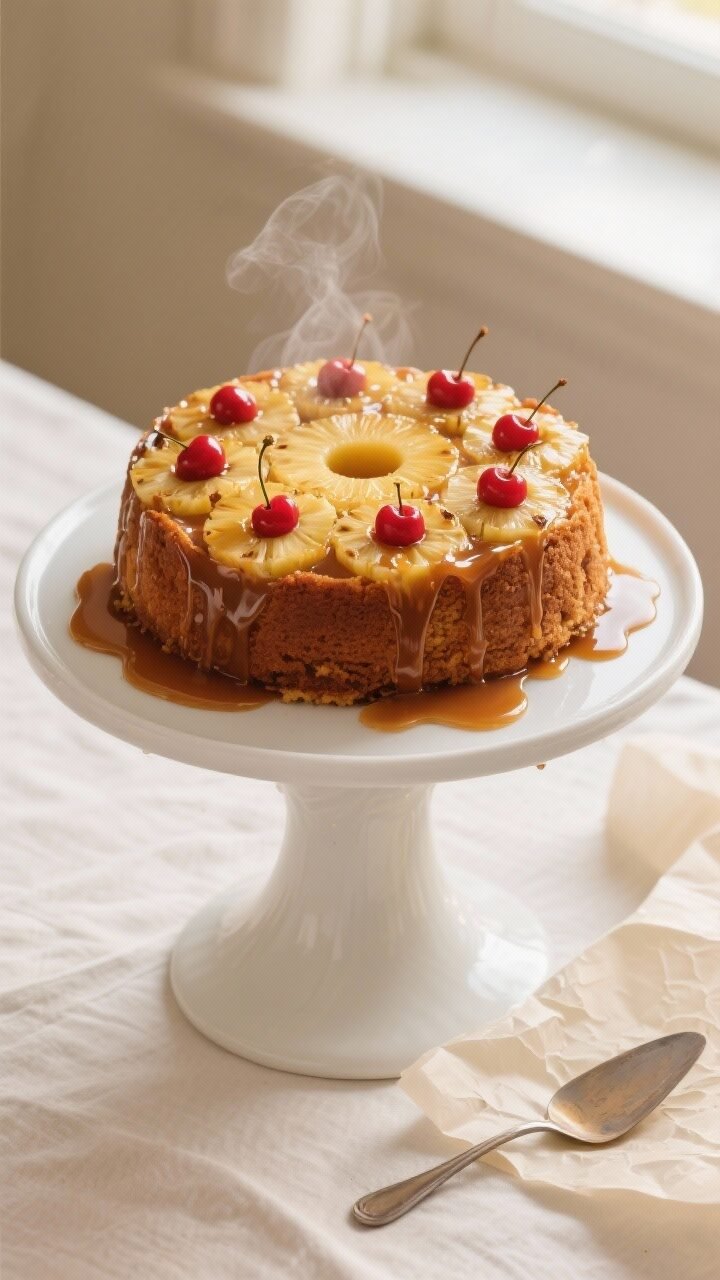 Overhead shot of a freshly inverted Classic Pineapple Upside Down Cake on a white cake stand, glossy