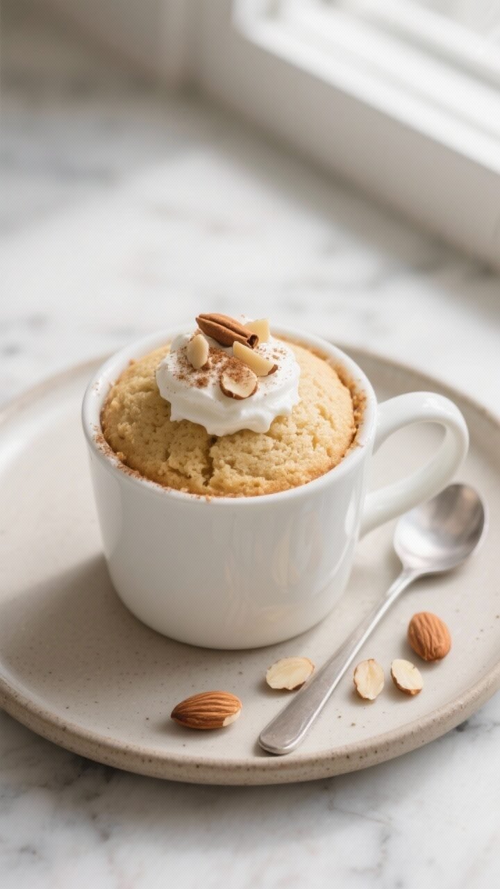 Overhead shot of a freshly microwaved vanilla almond keto mug cake in a wide, white 12-ounce mug, to
