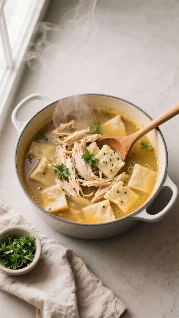 Overhead shot of Cracker Barrel-style chicken and dumplings simmering in a wide enamel Dutch oven: t