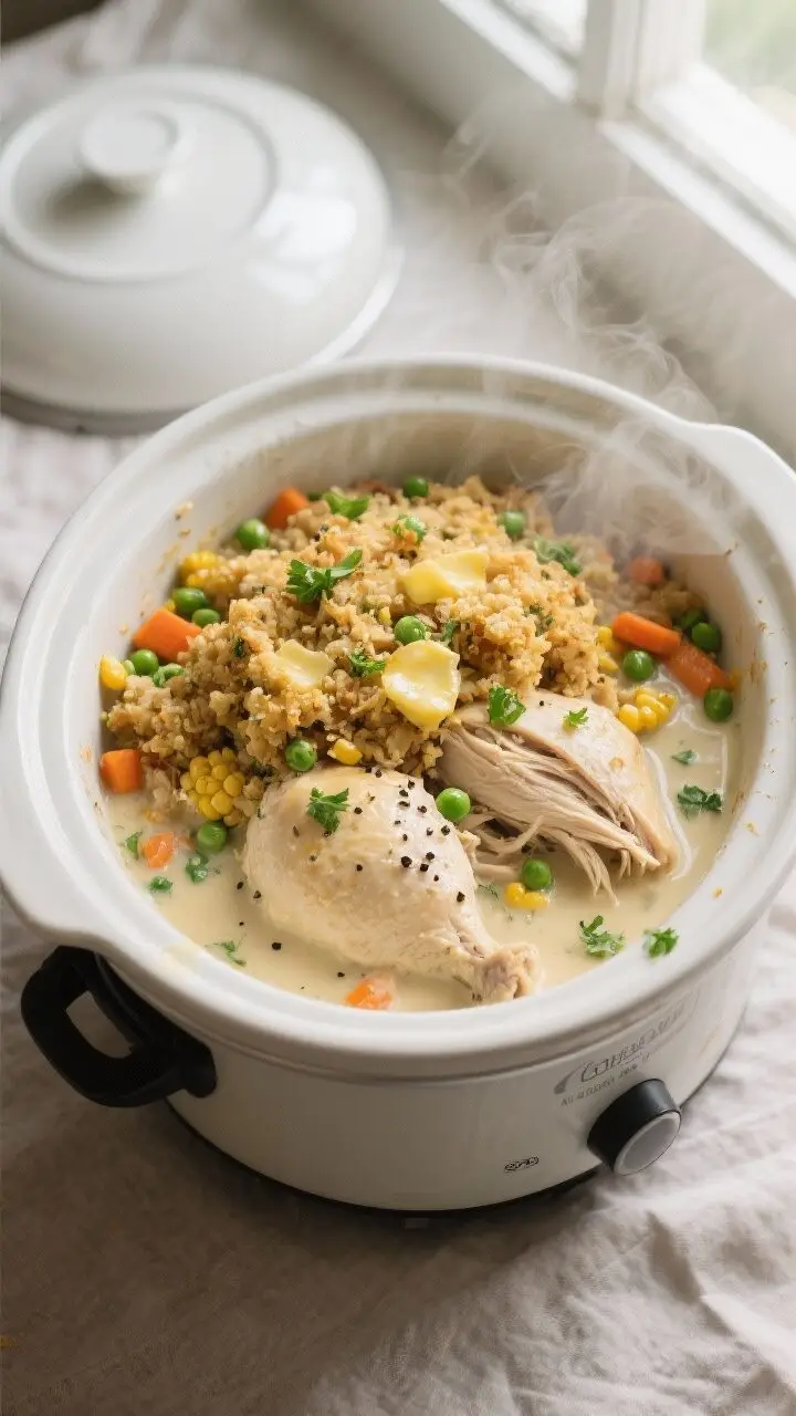 Overhead shot of creamy crockpot chicken and stuffing right after cooking, in an open slow cooker wi