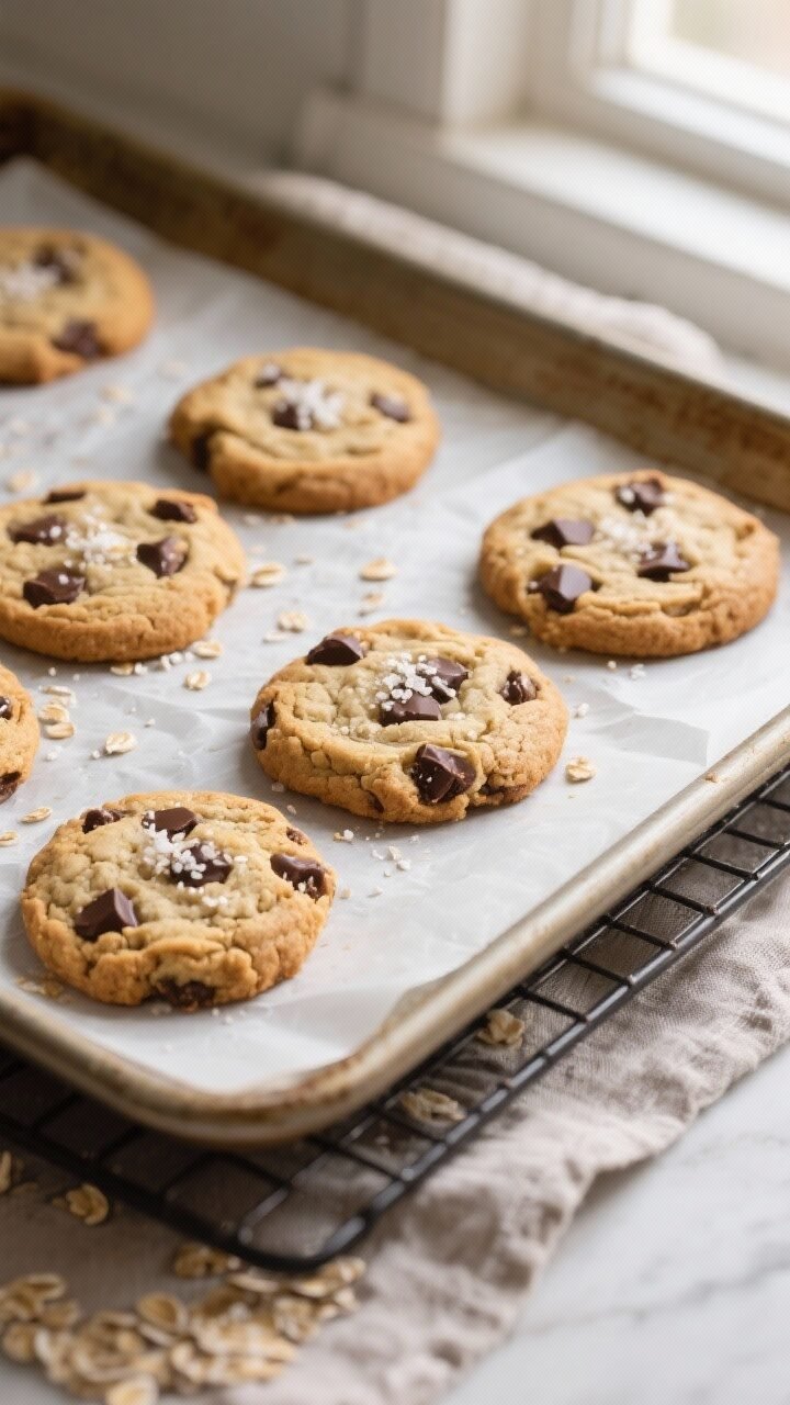 Overhead shot of freshly baked Banana Oat Chocolate Chip Cookies cooling on parchment-lined baking s