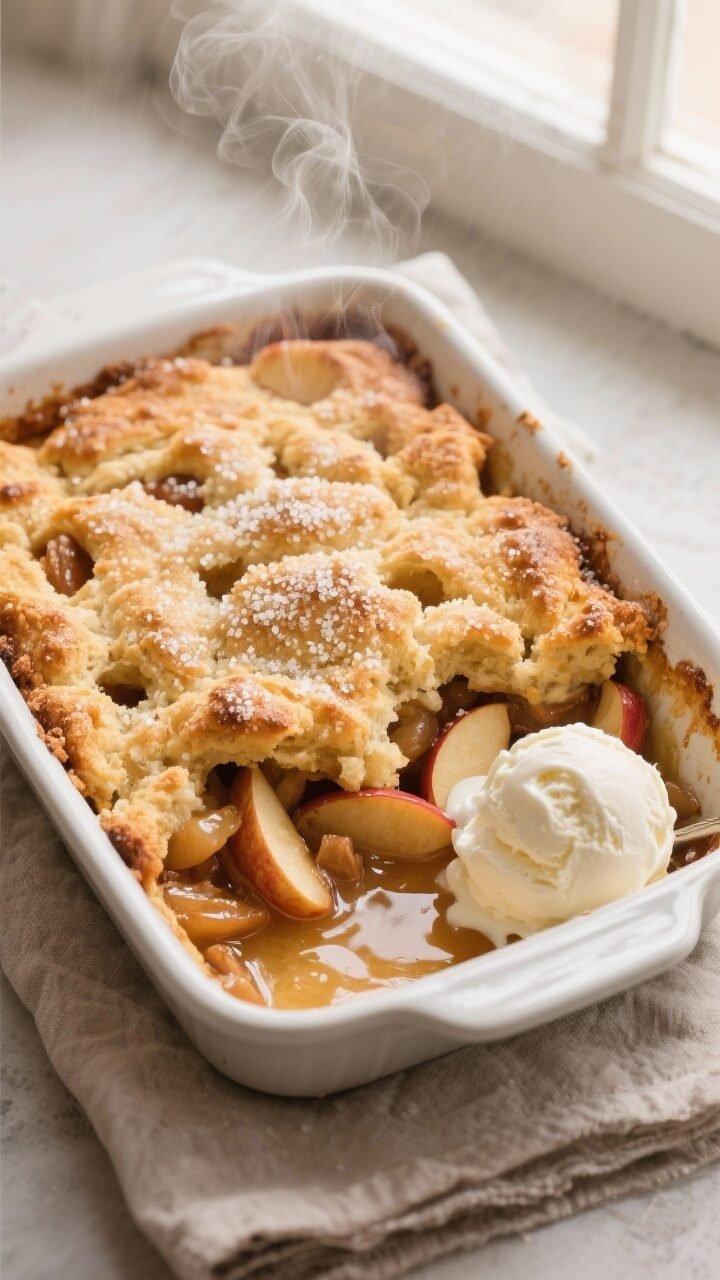 Overhead shot of freshly baked Easy Apple Cobbler in a 9x13 baking dish just out of the oven, golden