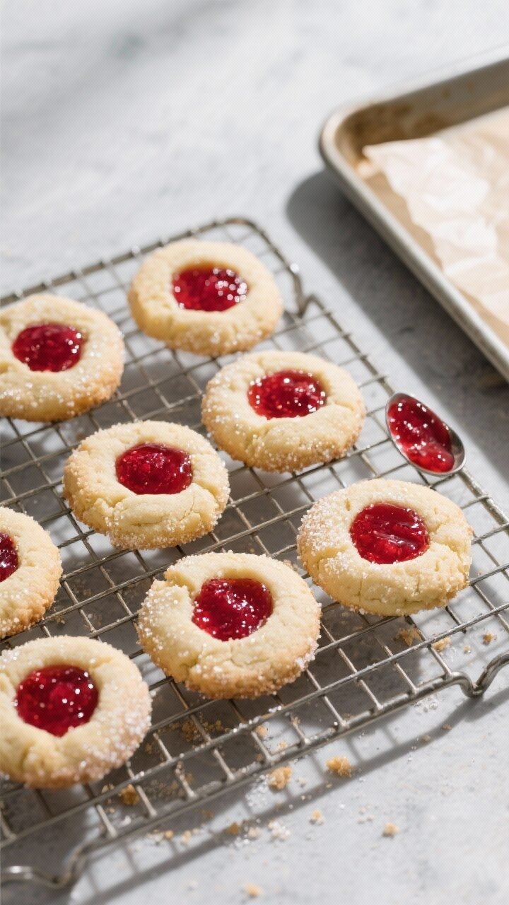 Overhead shot of freshly baked raspberry thumbprint cookies cooling on a wire rack, jam centers glos