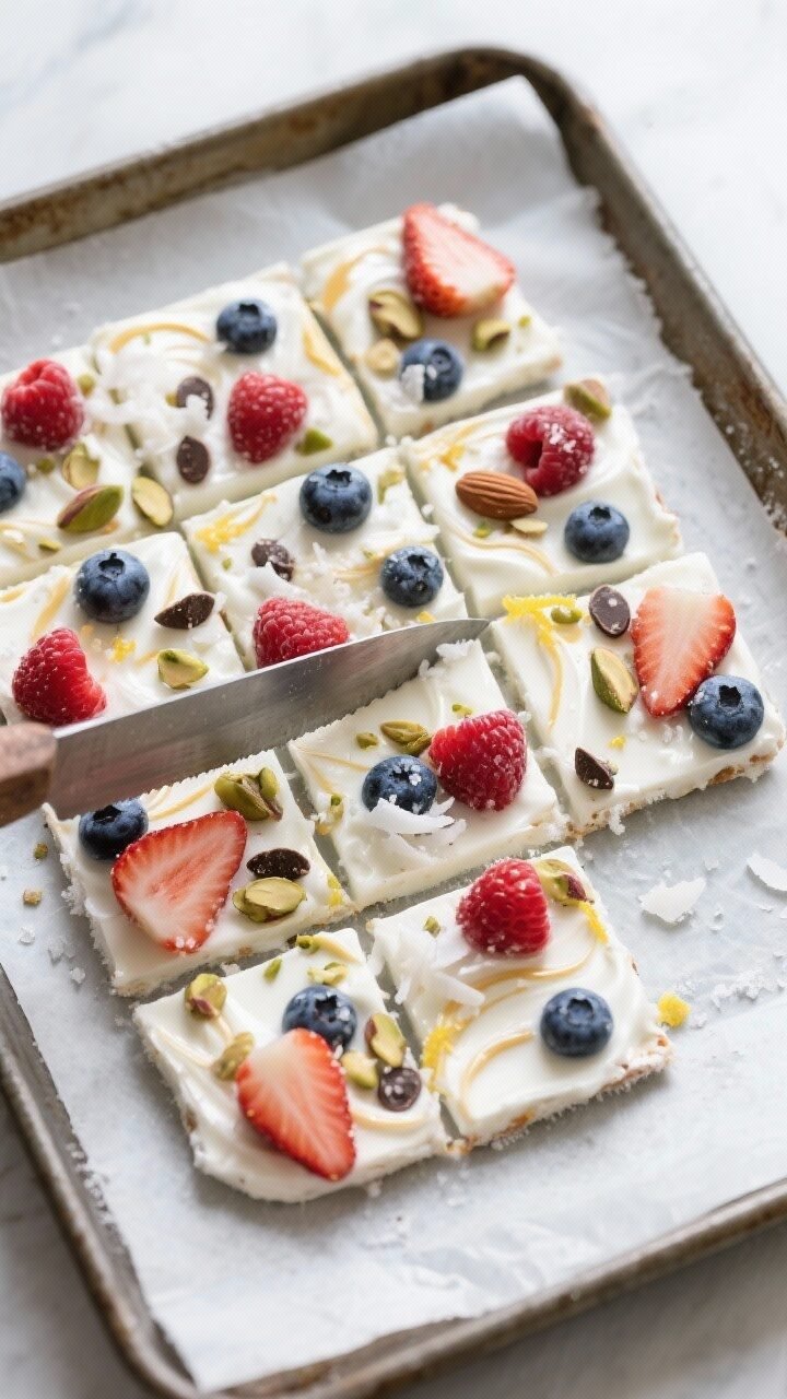 Overhead shot of Greek yogurt berry bark just after freezing, lifted from a parchment-lined rimmed s