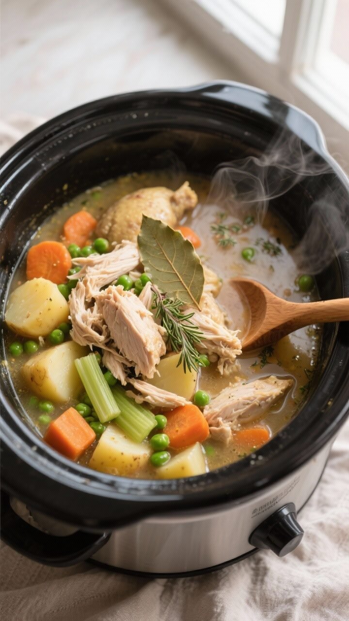 Overhead shot of slow cooker chicken stew just after shredding and stirring back the chicken, showin