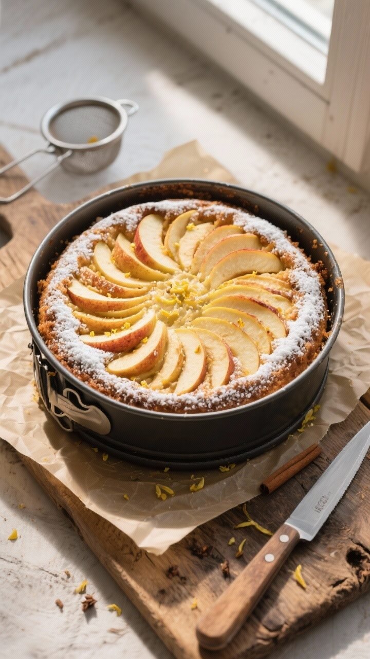 Overhead shot of the baked Classic German Apple Cake just cooled and released from a 9-inch springfo