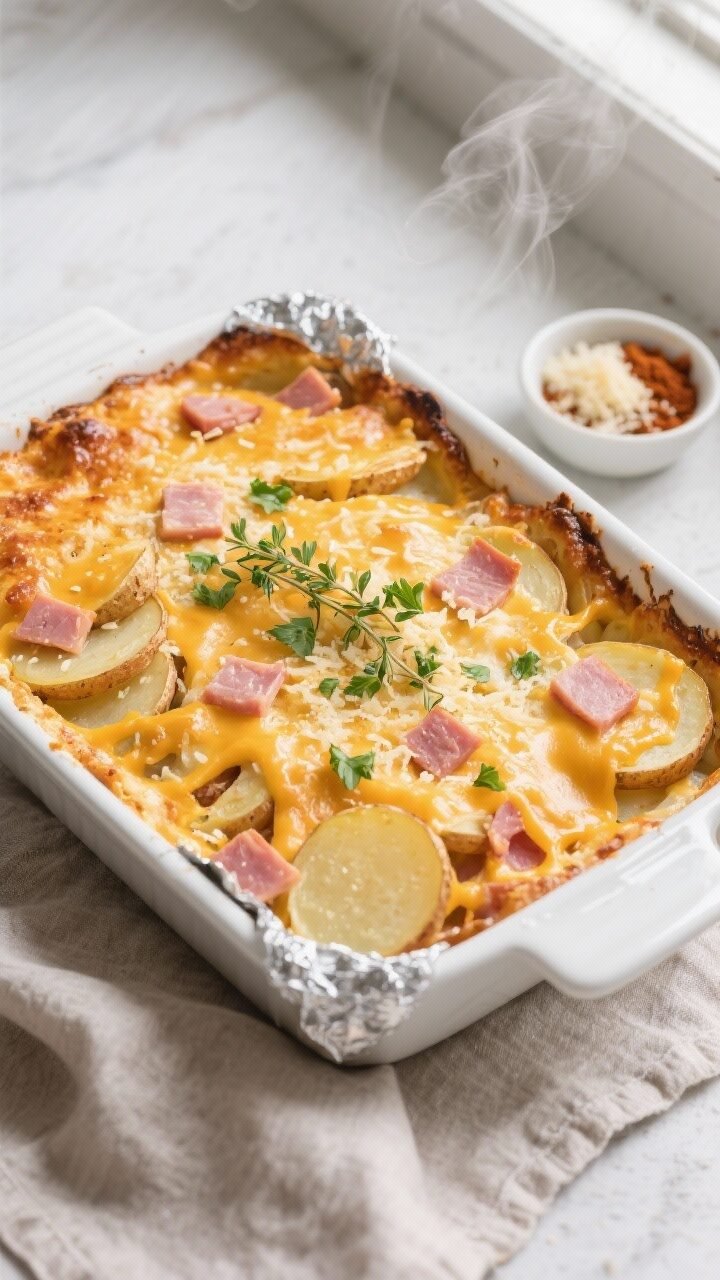 Overhead shot of the baked Leftover Ham and Potato Cheesy Casserole just out of the oven, foil remov